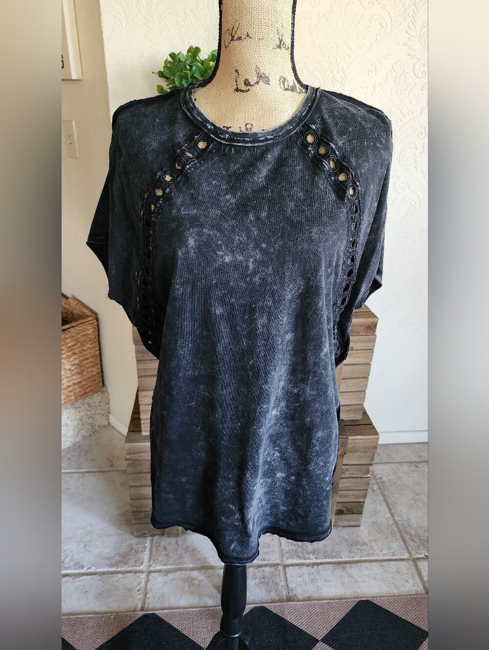Washed Black Short Sleeve Top with Lace Eyelet Detail - Women